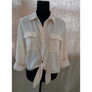 Womens Linen Blend Resort Beach Tie Front Long Sleeve Top Cargo Pockets XS Cream